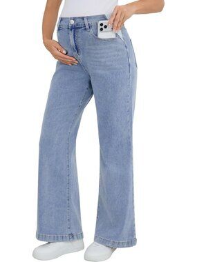 Maternity Wide Leg Flare Jeans with Pockets | Stretch Denim Pregnancy Pants